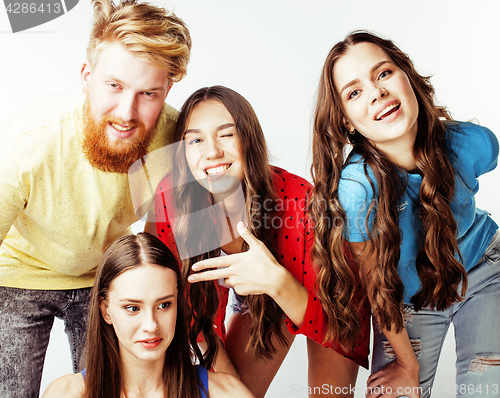 Image of company of hipster guys, bearded red hair boy and girls students having fun together friends, diverse fashion style, lifestyle people concept isolated on white background