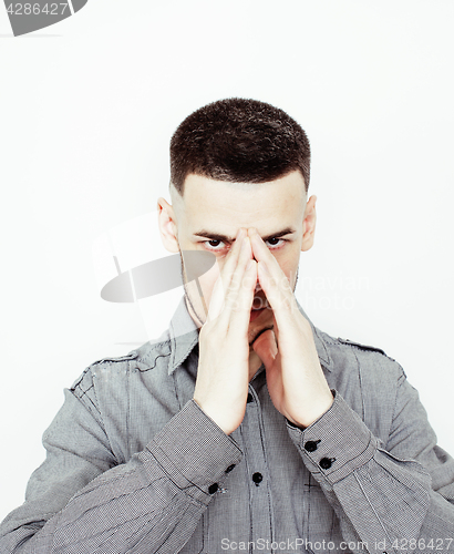 Image of young handsome teenage hipster guy posing emotional, happy smiling against white background isolated, lifestyle people concept 