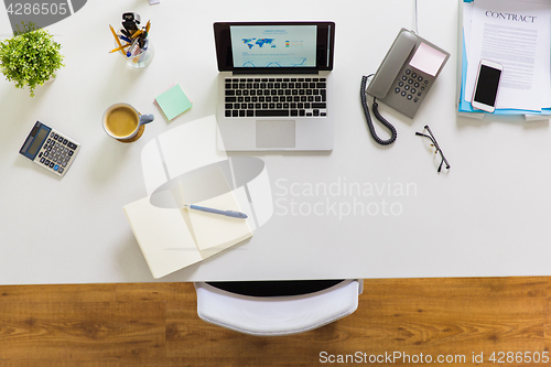 Image of laptop, phone and other office stuff on table