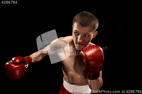 Image of Male boxer boxing with dramatic edgy lighting in a dark studio