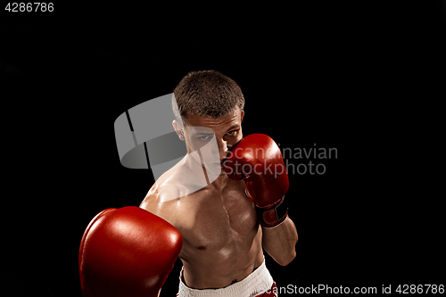 Image of Male boxer boxing with dramatic edgy lighting in a dark studio