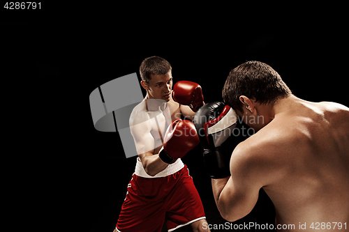 Image of Two professional boxer boxing on black background,