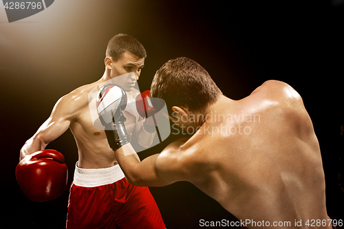 Image of Two professional boxer boxing on black background,