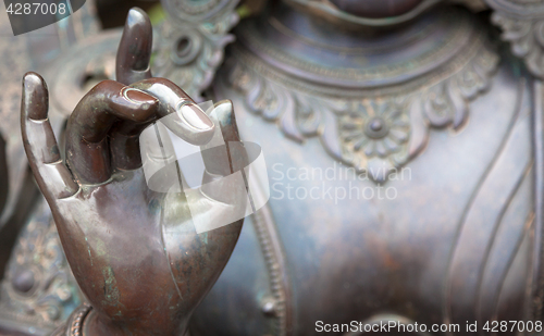 Image of Detail of Buddha statue with Karana mudra hand position