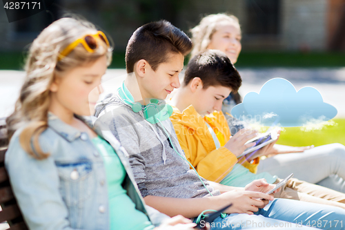 Image of happy teenage boy with tablet pc and headphones