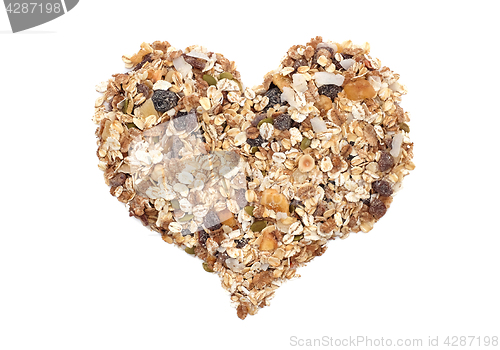 Image of Muesli cereal grains, seeds, fruit and nut heart