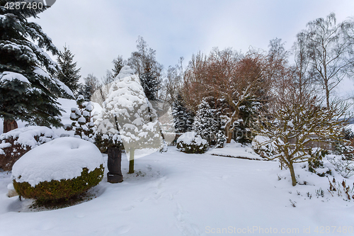 Image of beautiful winter garden covered by snow