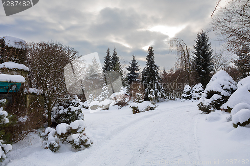 Image of beautiful winter garden covered by snow