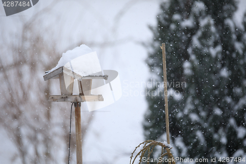 Image of simple bird feeder in winter garden