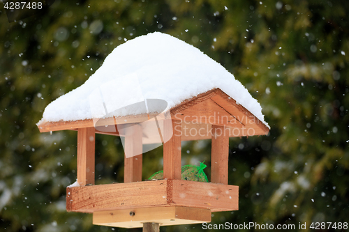 Image of simple bird feeder in winter garden