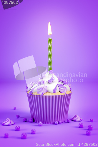 Image of purple cupcake with a green candle