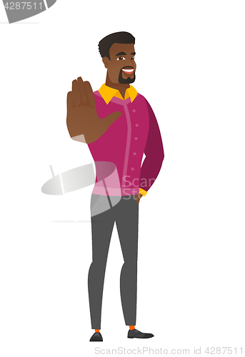 Image of African-american business man showing palm hand.