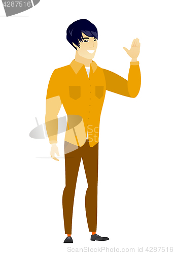 Image of Young asian businessman waving his hand.