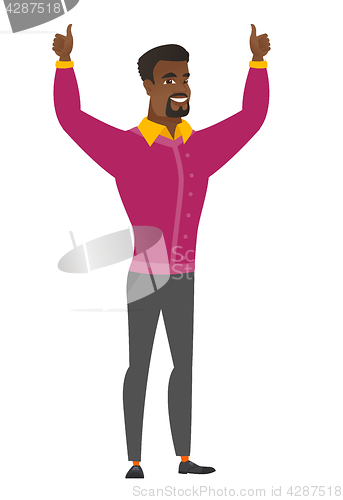 Image of Businessman standing with raised arms up.