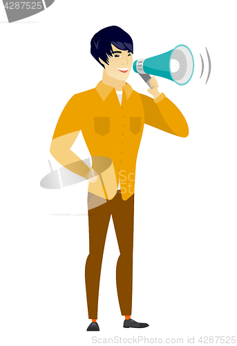 Image of Asian businessman talking into loudspeaker.