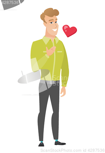 Image of Caucasian business man holding hand on his chest.