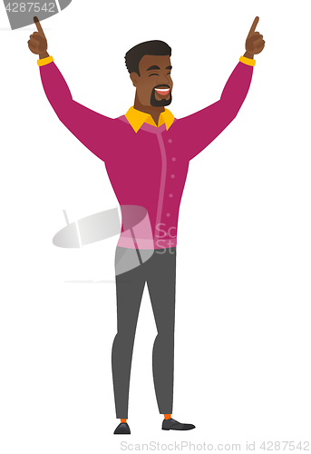 Image of Businessman standing with raised arms up.