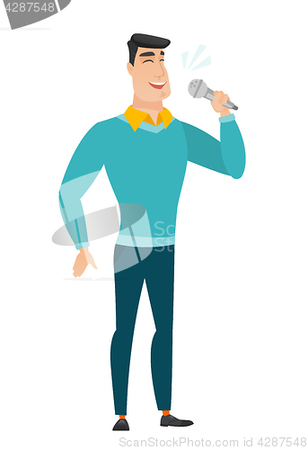 Image of Caucasian businessman singing to the microphone.