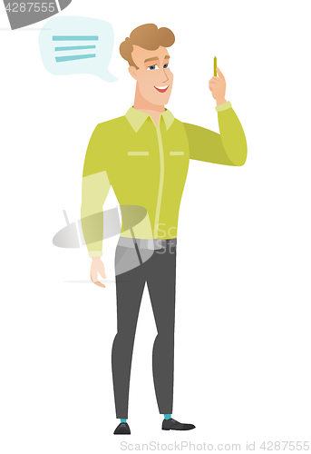 Image of Young caucasian businessman with speech bubble.