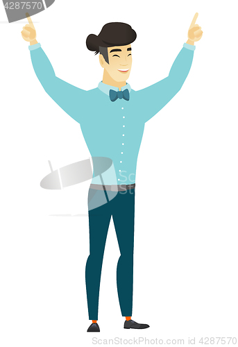 Image of Businessman standing with raised arms up.