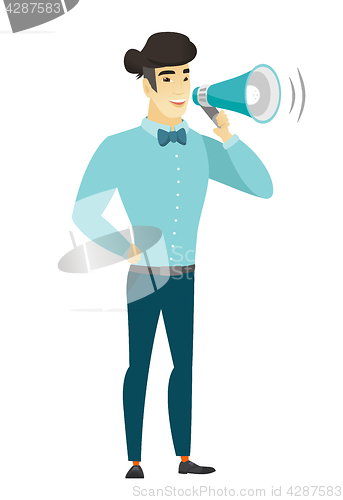 Image of Asian businessman talking into loudspeaker.