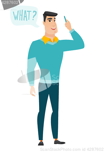 Image of Businessman with question what in speech bubble.