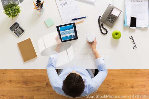 Image of businesswoman with tablet pc and coffee at office