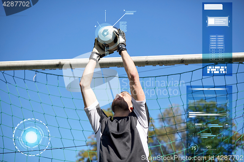 Image of goalkeeper with ball at football goal on field