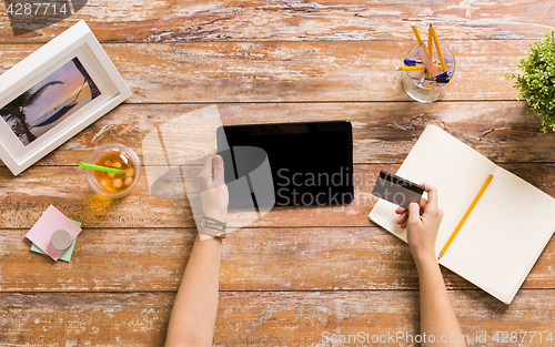 Image of hands with tablet pc and credit card at table