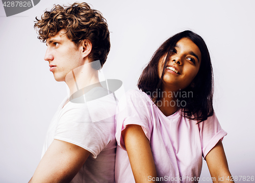 Image of young couple of mixed races girlfriend and boyfriend having fun on white background, lifestyle teenage people concept