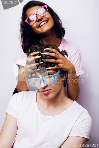 Image of young couple of mixed races girlfriend and boyfriend having fun on white background, lifestyle teenage people concept