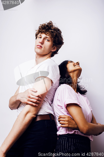 Image of young couple of mixed races girlfriend and boyfriend having fun on white background, lifestyle teenage people concept