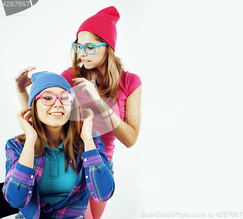 Image of best friends teenage girls together having fun, posing emotional on white background, besties happy smiling, lifestyle people concept close up. making selfie