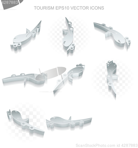 Image of Vacation icons set: different views of metallic Airplane, transparent shadow, EPS 10 vector.