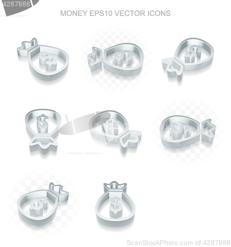 Image of Money icons set: different views of metallic Money Bag, transparent shadow, EPS 10 vector.