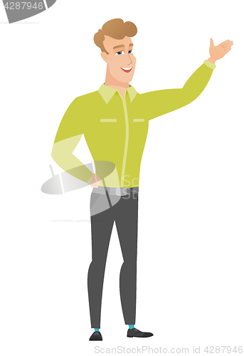 Image of Caucasian businessman showing a direction.