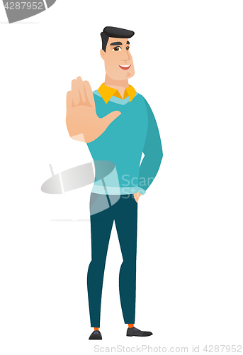 Image of Caucasian business man showing palm hand.