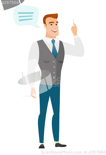 Image of Young caucasian businessman with speech bubble.