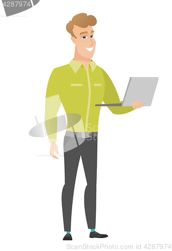Image of Business man using laptop vector illustration.