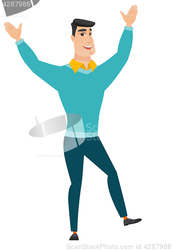 Image of Successful caucasian businessman jumping.