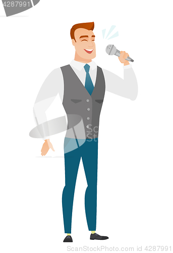 Image of Caucasian businessman singing to the microphone.