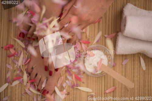 Image of female feet and hands at spa salon