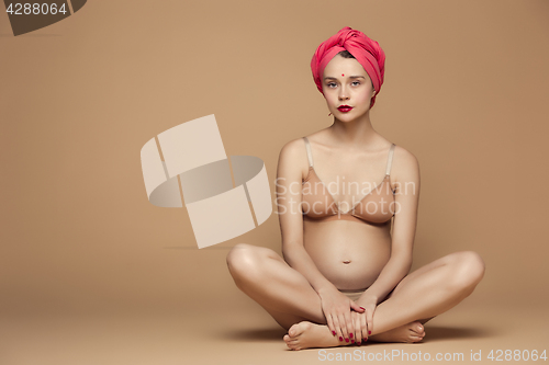 Image of Young beautiful pregnant woman sitting on brown background