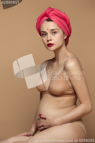 Image of Young beautiful pregnant woman sitting on brown background