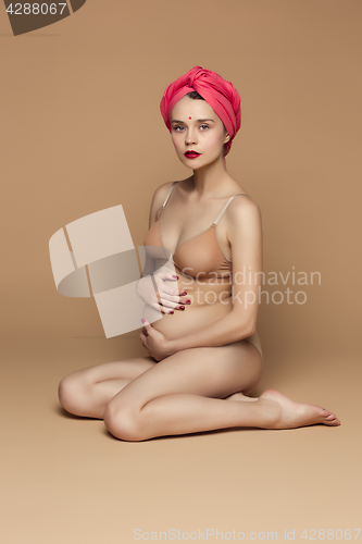 Image of Young beautiful pregnant woman sitting on brown background