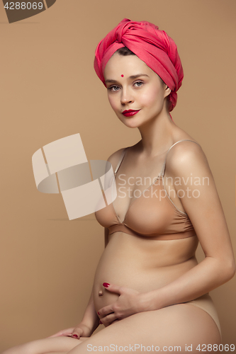 Image of Young beautiful pregnant woman sitting on brown background