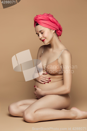 Image of Young beautiful pregnant woman sitting on brown background