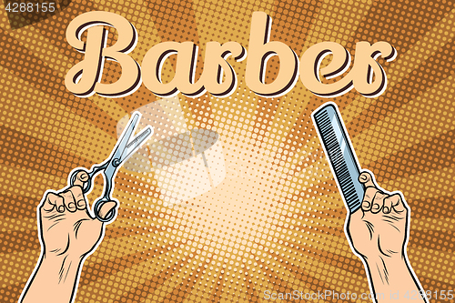 Image of barber shop background, the hands with scissors and comb