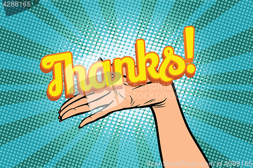 Image of thanks word. Women open palm hand hold gesture