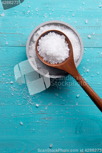 Image of sea salt in stone bowl and wooden spoon